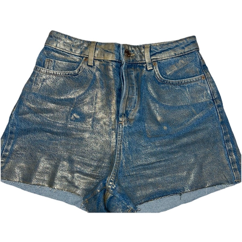 (B23/6)Zara High Rise Jeans Shorts Women's Size 4 Denim‎ Metallic Foil Coated
